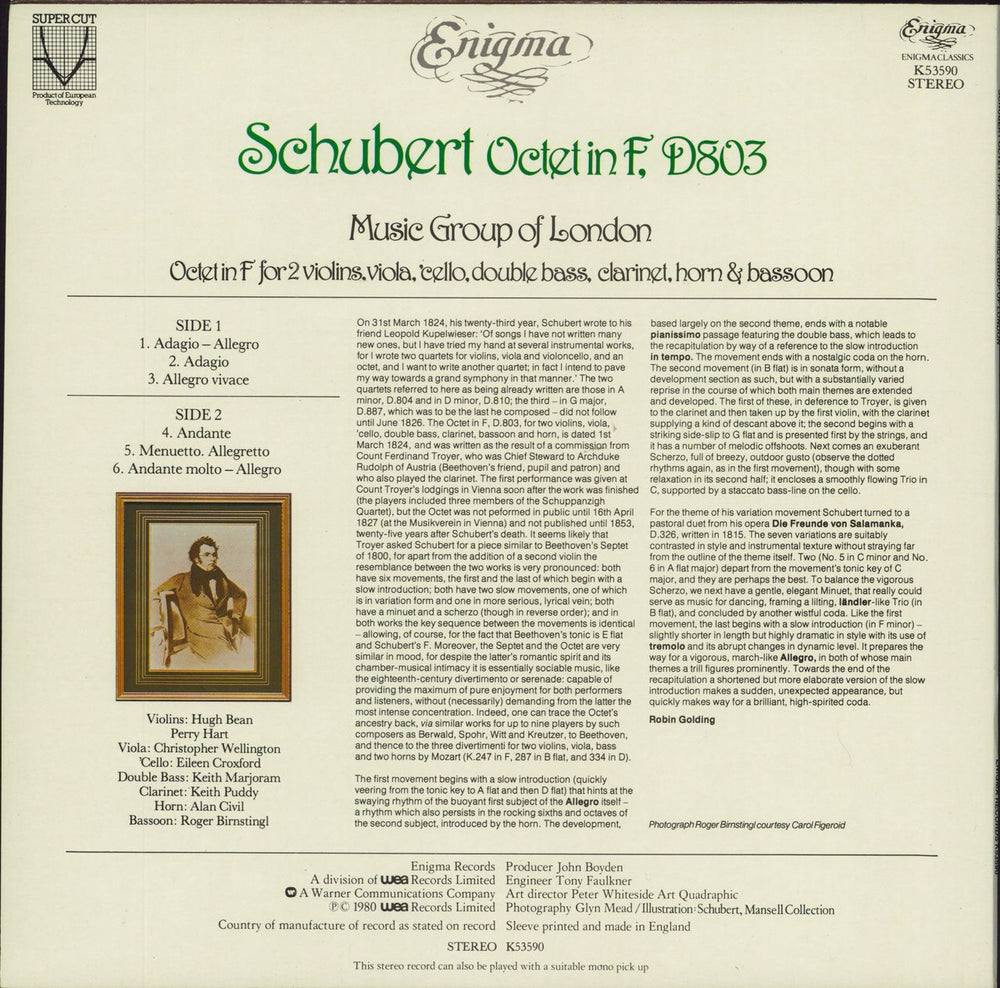 Franz Schubert Octet in F, D803 UK vinyl LP album (LP record)