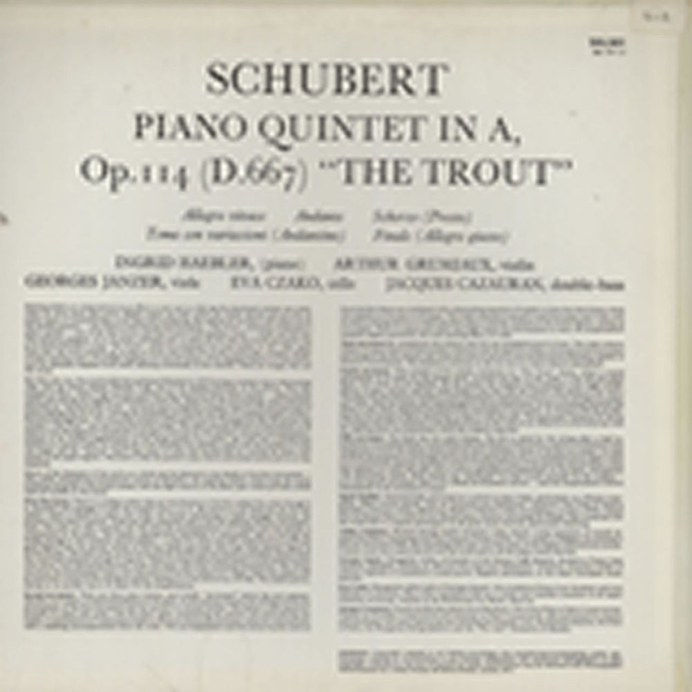 Franz Schubert Piano Quintet In A, Op.114 (D.667) "The Trout" UK vinyl LP album (LP record)