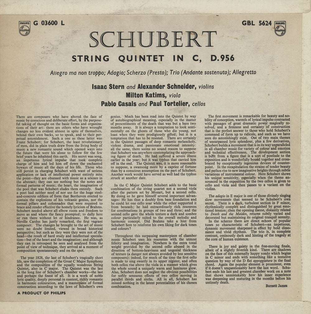 Franz Schubert String Quintet In C, D.956 UK vinyl LP album (LP record)
