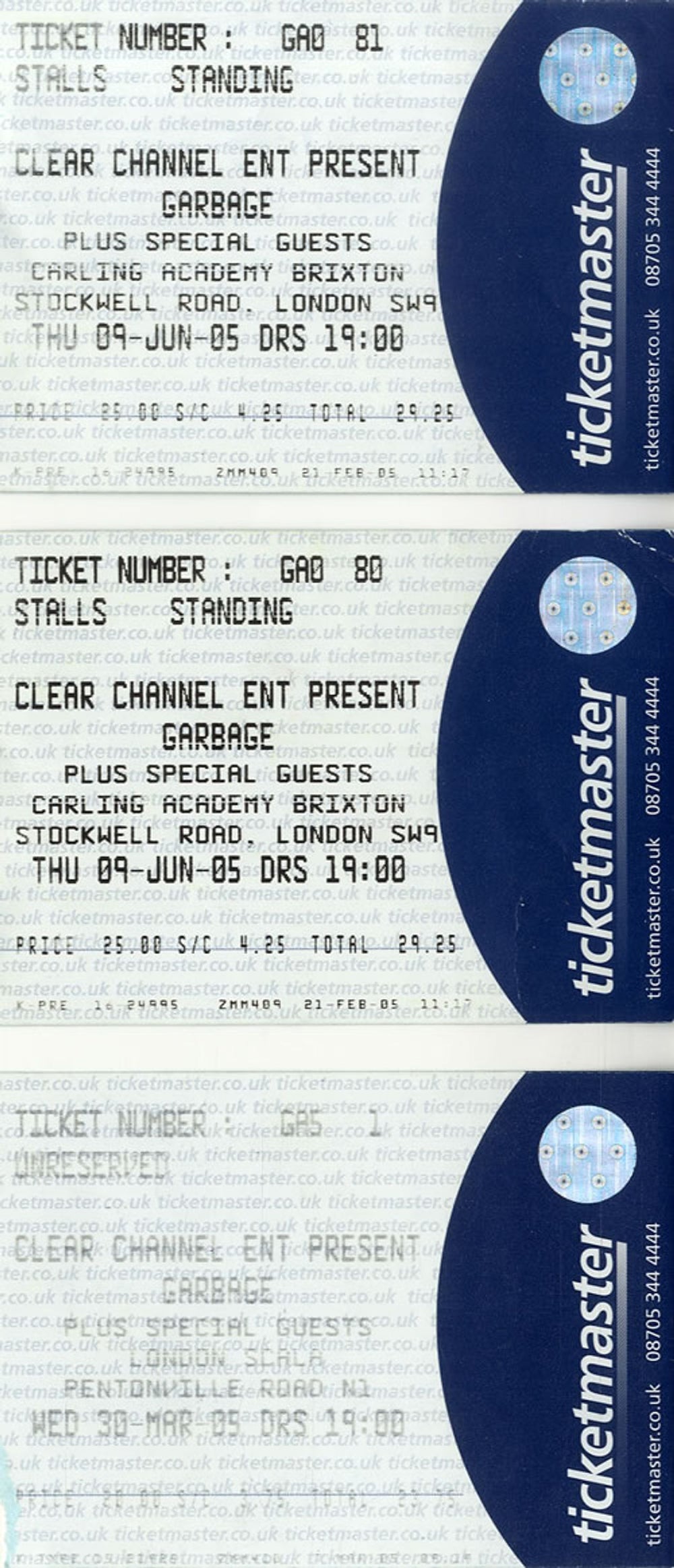 Garbage Concert Ticket Stubs UK concert ticket 3 TICKET STUBS