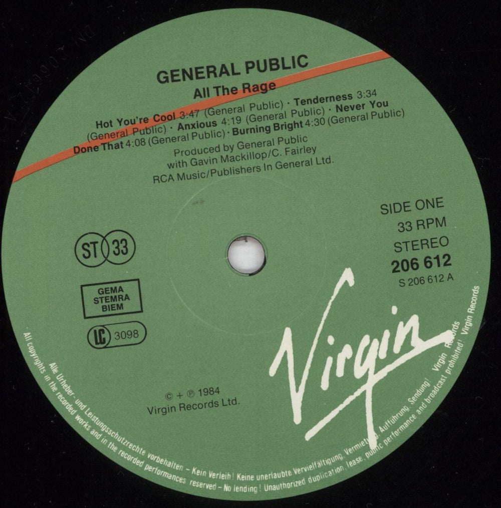 General Public All The Rage German vinyl LP album (LP record) GPLLPAL817903