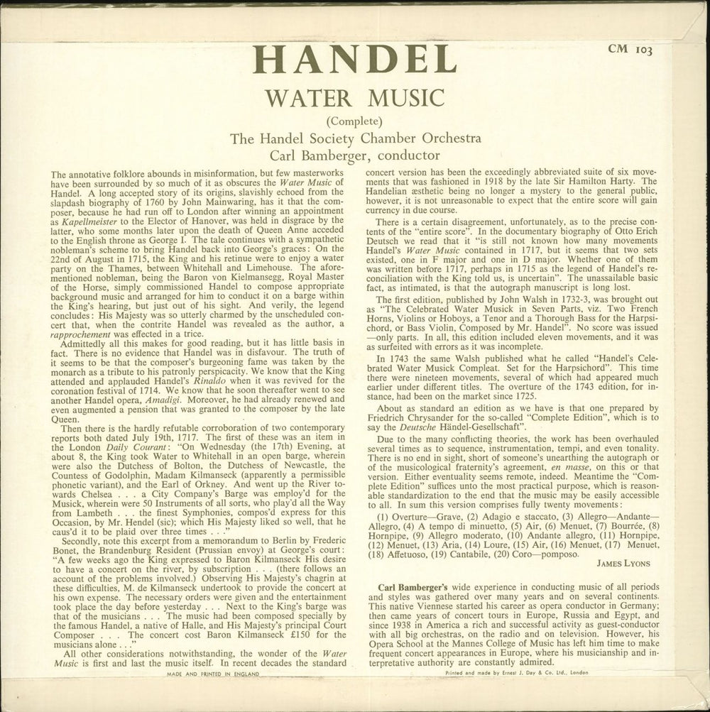 George Frideric Handel Water Music UK 10" vinyl single (10 inch record)