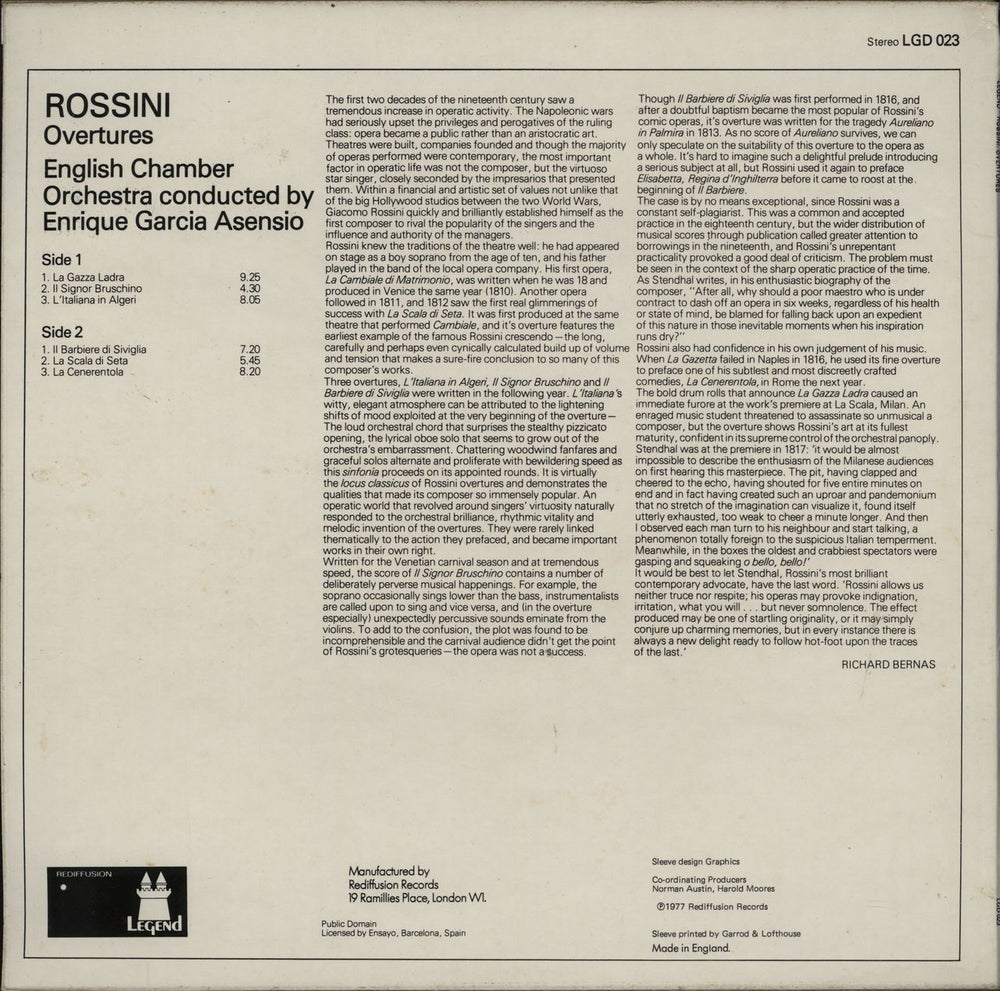 Gioacchino Rossini Rossini Overtures UK vinyl LP album (LP record)