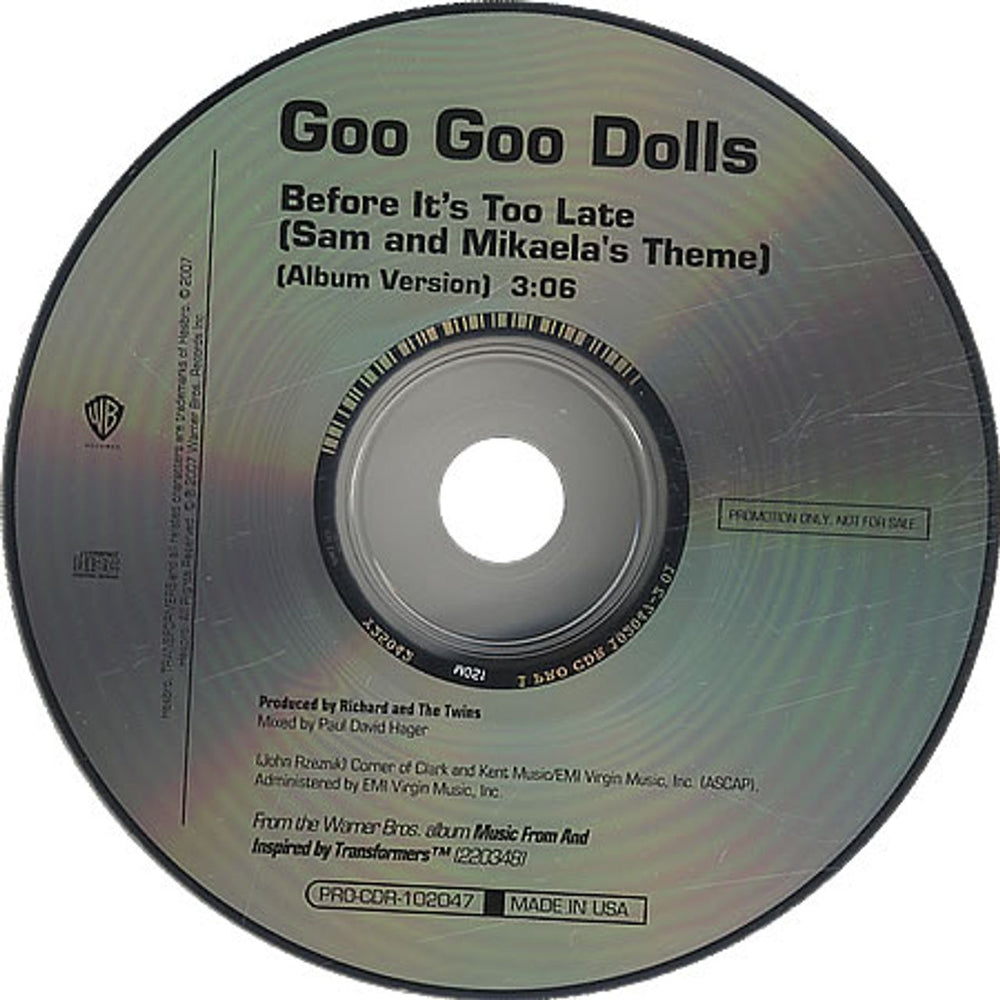 Goo Goo Dolls Before It's Too Late (Sam And Mikaela's Theme) US Promo CD single (CD5 / 5") PRO-CDR-102047