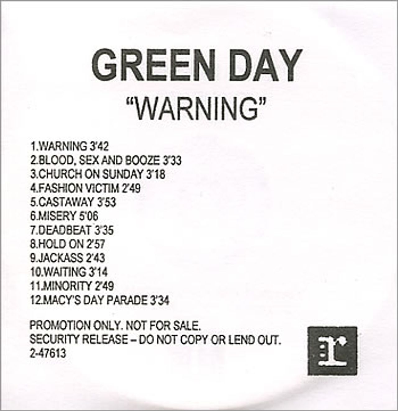 Green Day Warning UK Promo CD-R acetate — RareVinyl.com