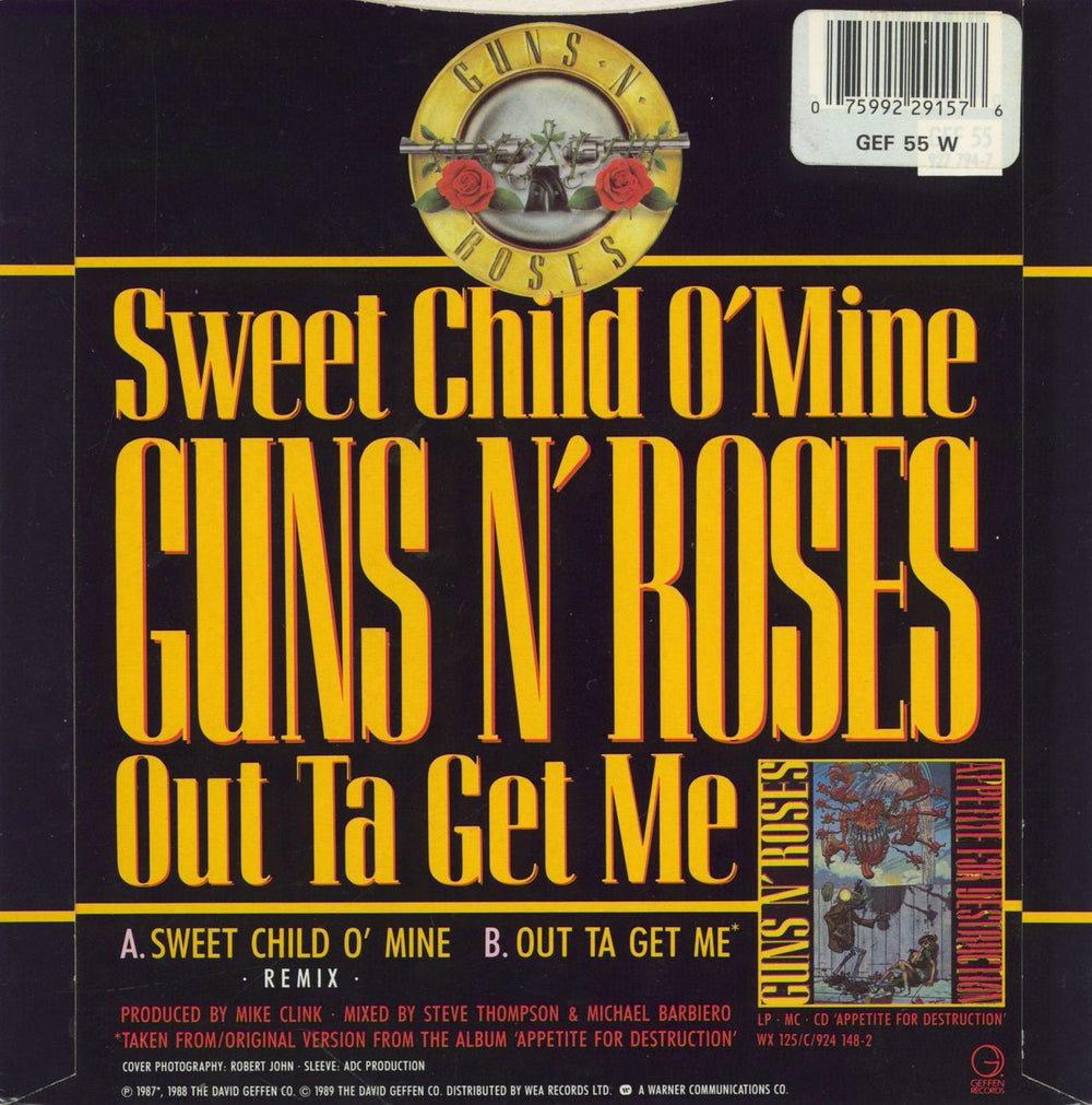 Guns N Roses Sweet Child O' Mine + Tattoo UK 7" vinyl single (7 inch record / 45) 075992291576