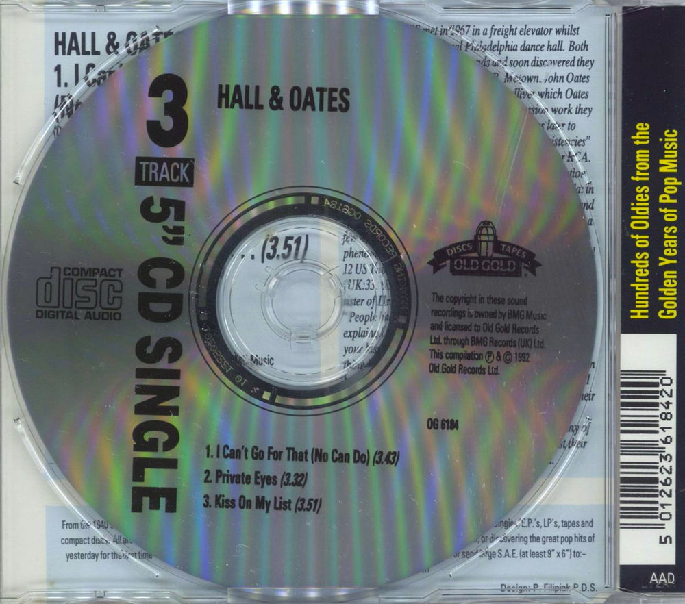 Hall & Oates I Can't Go For That / Private Eyes / Kiss On My List UK CD single (CD5 / 5")