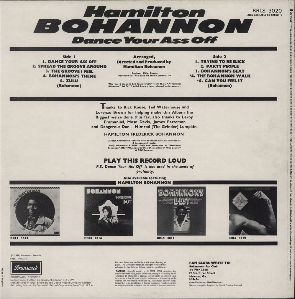 Hamilton Bohannon Dance Your Ass Off UK vinyl LP album (LP record)