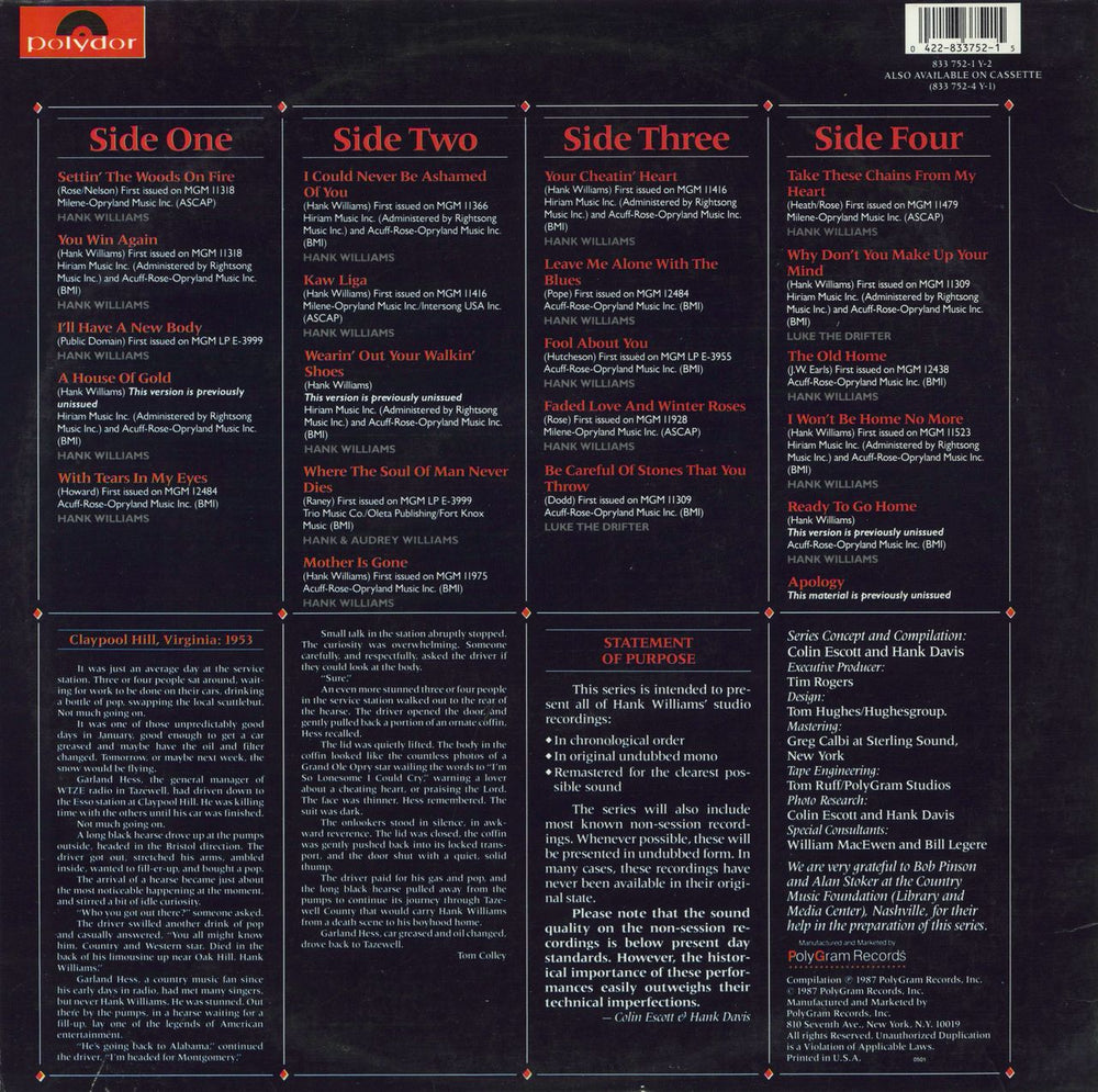 Hank Williams I Won't Be Home No More: June 1952 - September 1952 US 2-LP vinyl record set (Double LP Album) 042283375215