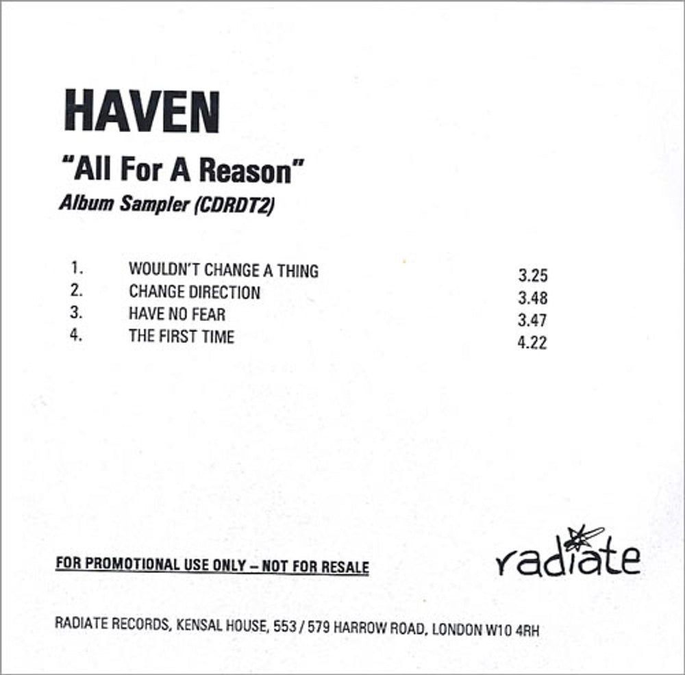 Haven All For A Reason - Album Sampler UK Promo CD-R acetate CD-R ACETATE