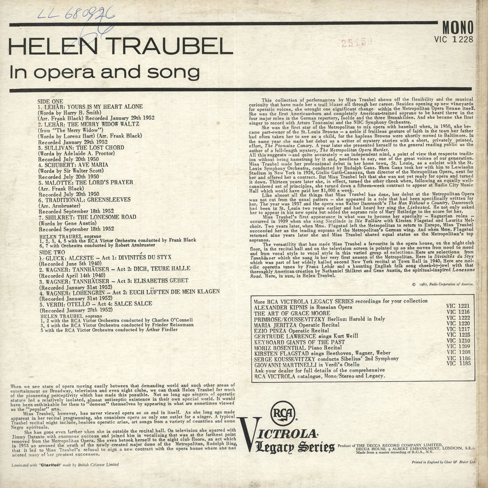 Helen Traubel In Opera And Song UK vinyl LP album (LP record)