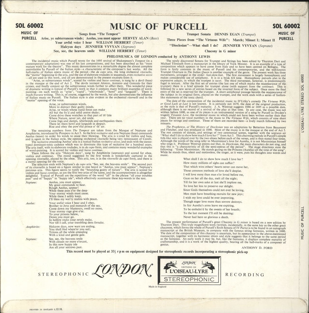 Henry Purcell Music Of Purcell UK vinyl LP album (LP record) PZ5LPMU814768