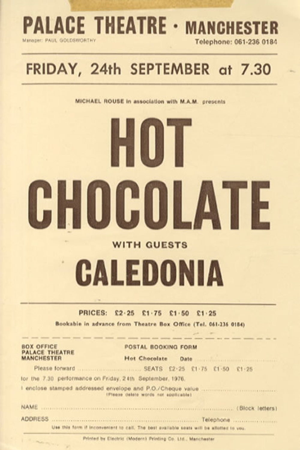 Hot Chocolate Palace Theatre UK Promo handbill HANDBILL