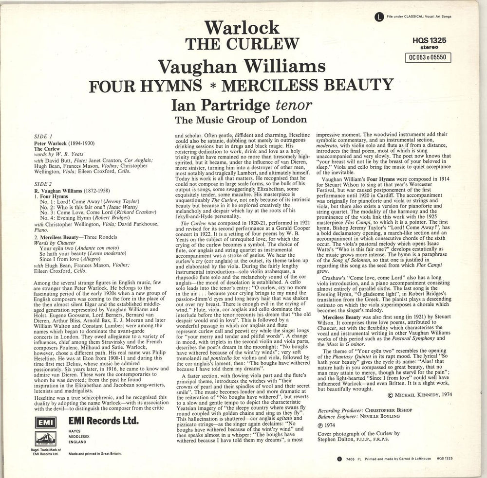 Ian Partridge Warlock: The Curlew / Vaughn Williams: Four Hymns / Merciless Beauty UK vinyl LP album (LP record)