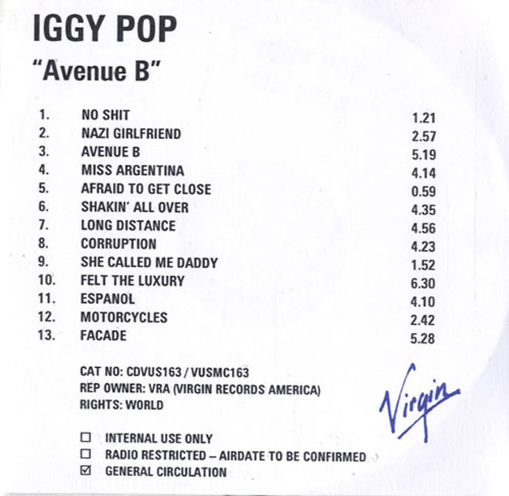 Iggy Pop Avenue B UK Promo CD-R acetate CD-R