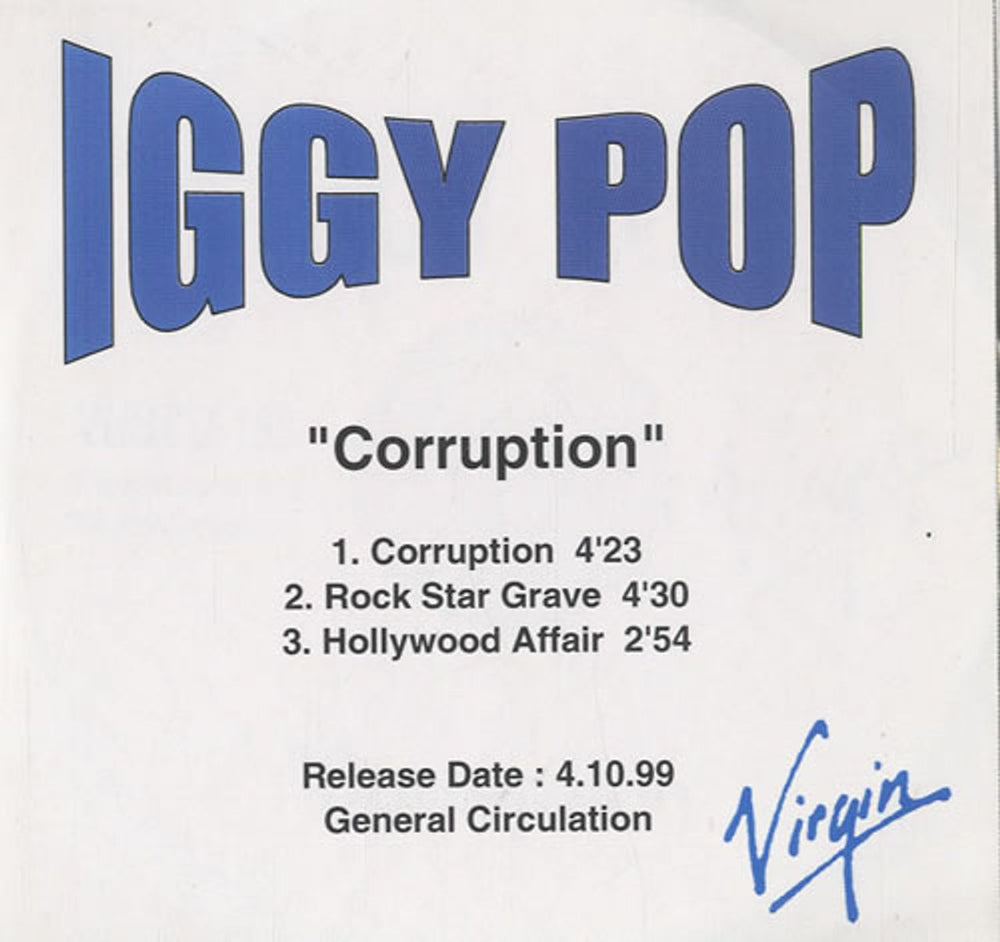 Iggy Pop Corruption - 3-track UK Promo CD-R acetate CD ACETATE