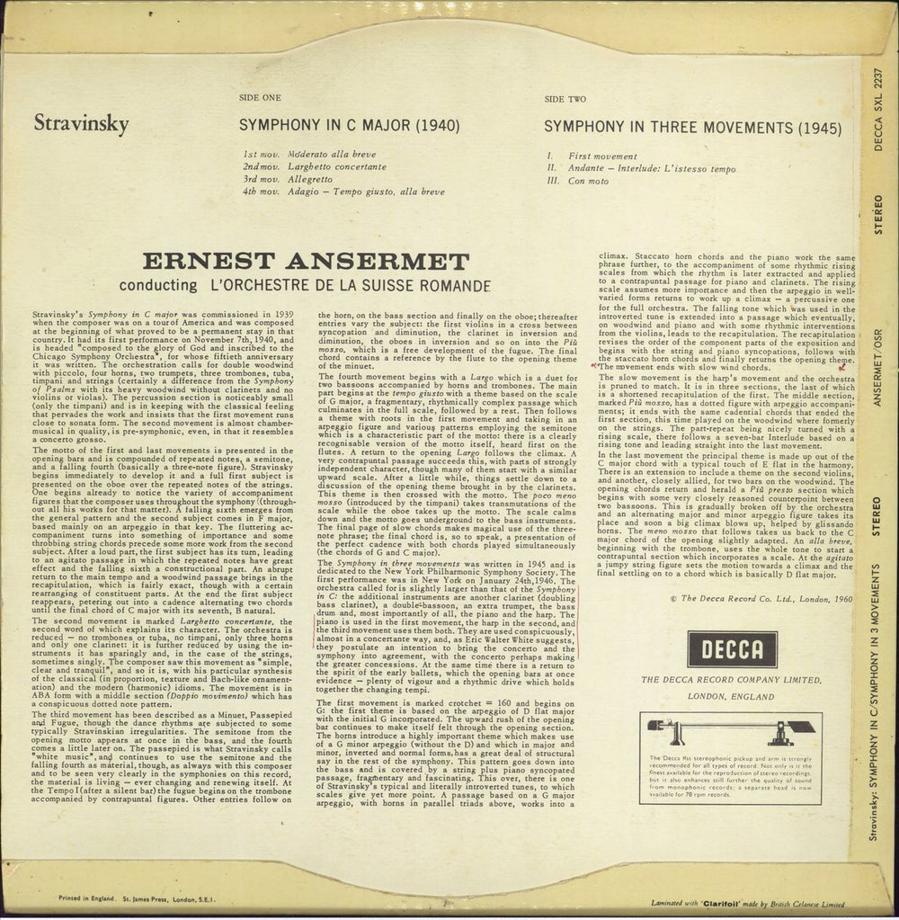 Igor Stravinsky Symphony In C / Symphony In 3 Movements UK vinyl LP album (LP record)