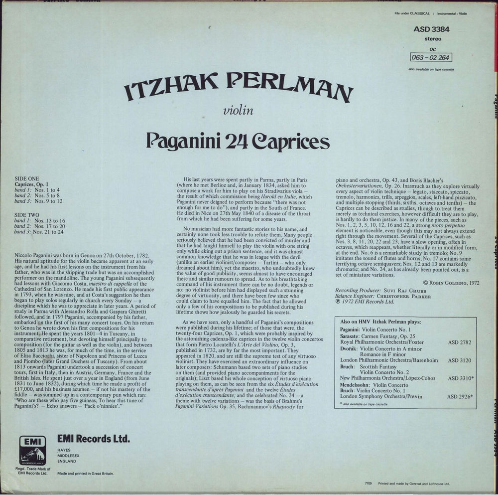 Itzhak Perlman Paganini - 24 Caprices UK vinyl LP album (LP record)