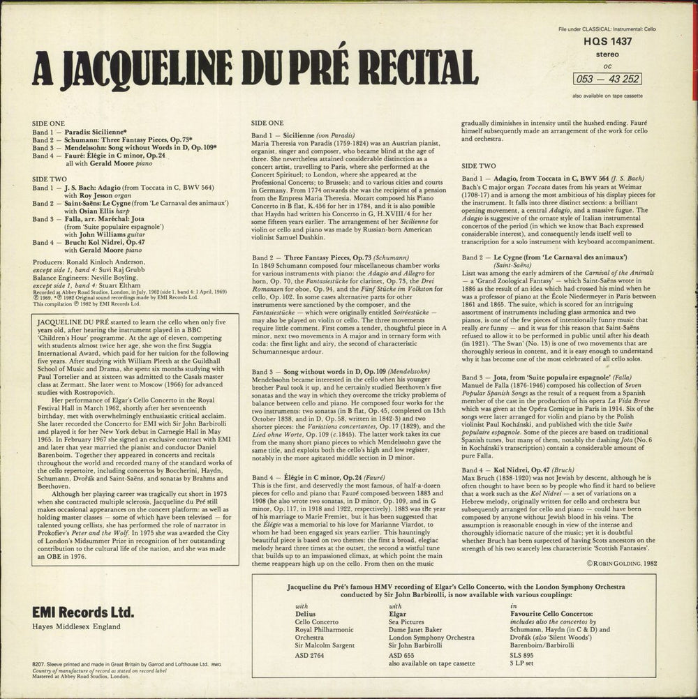 Jacqueline Du Pré A Jacqueline Du Pré Recital UK vinyl LP album (LP record)