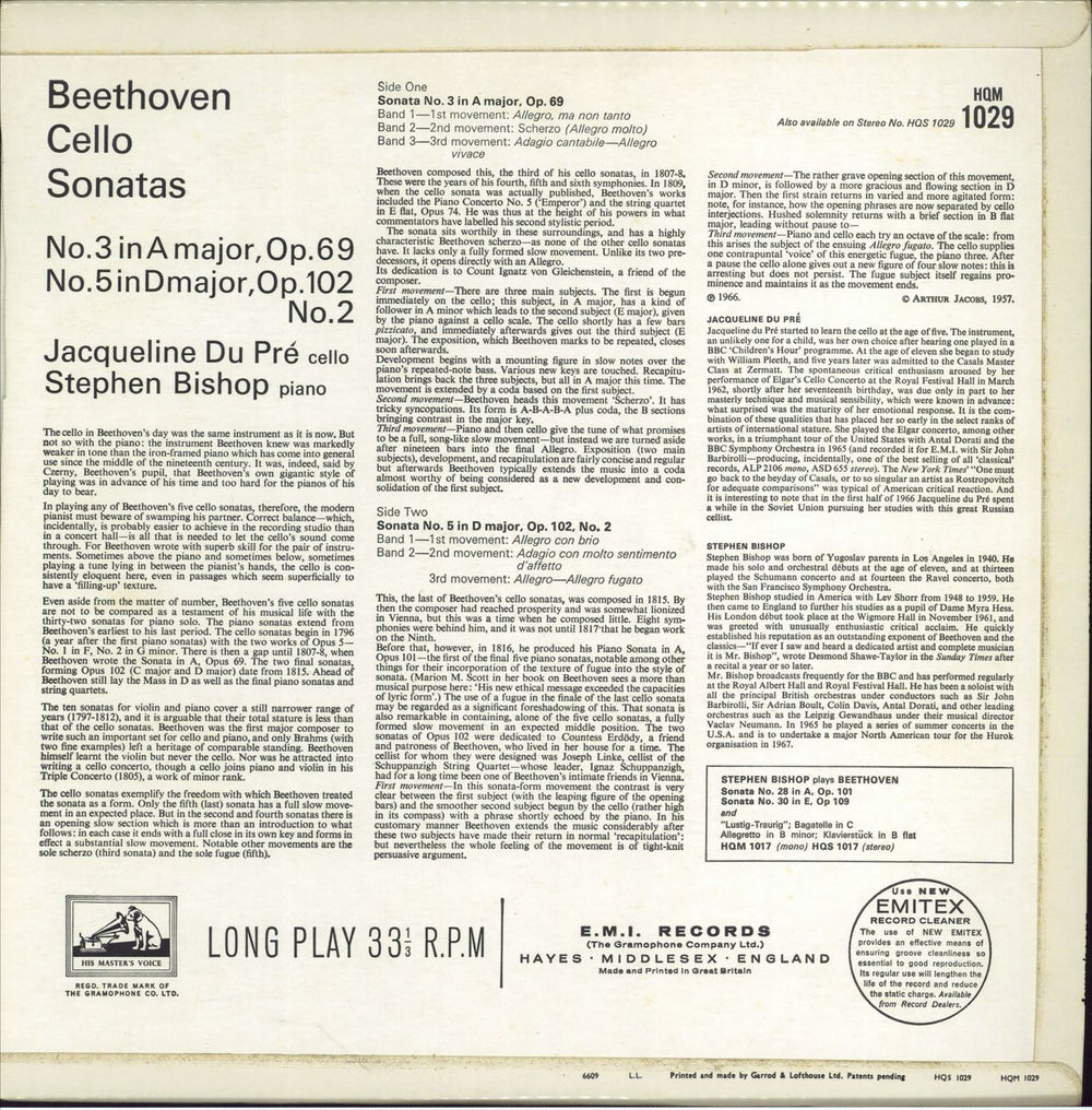 Jacqueline Du Pré Jacqueline Du Pré & Stephen Bishop Play Beethoven Cello Sonatas - 1st UK vinyl LP album (LP record)