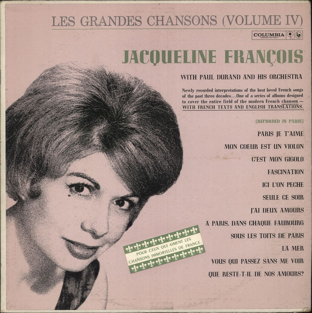Jacqueline François Les Grandes Chansons - Volume IV US vinyl LP album (LP record) WL178