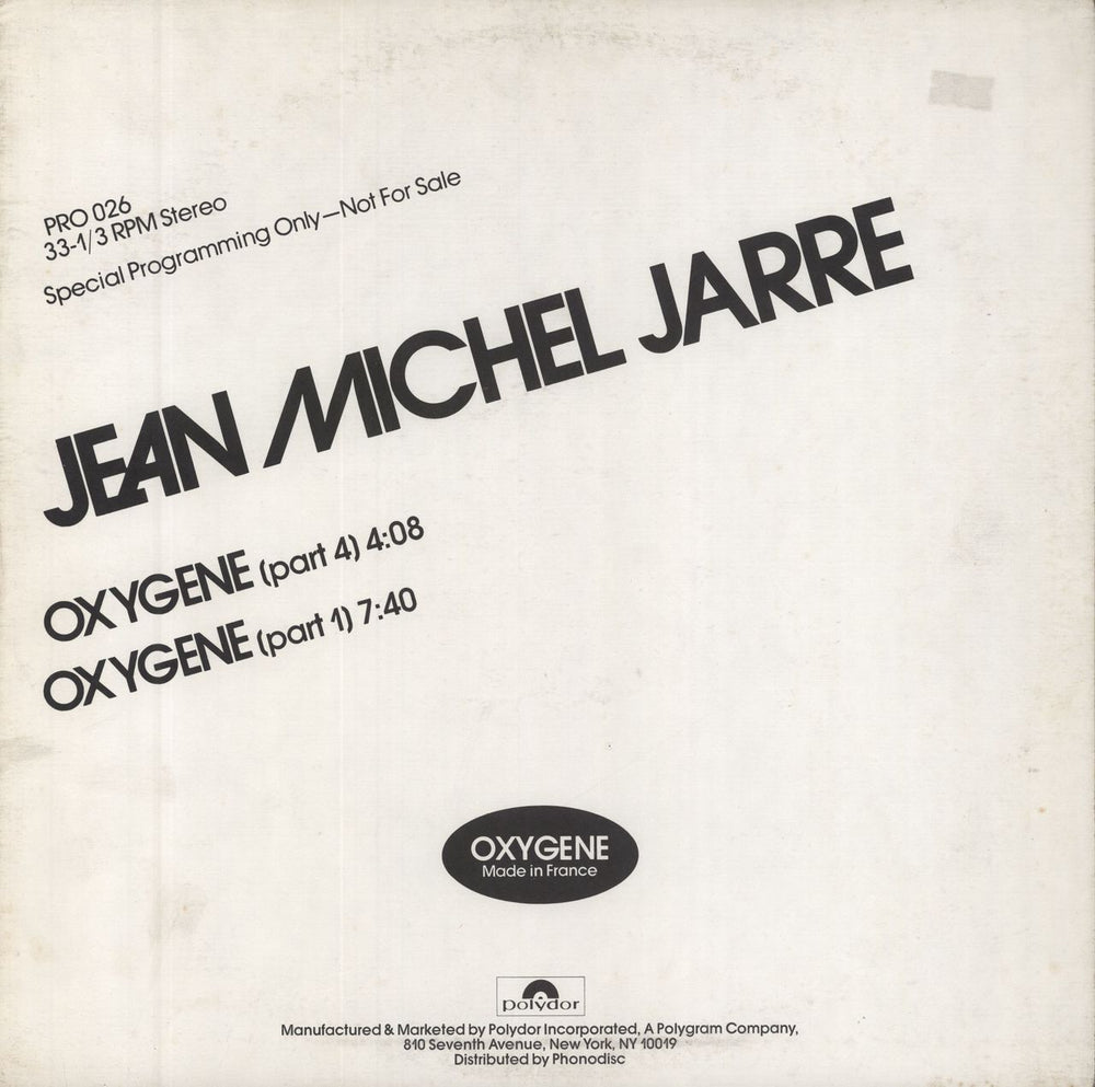 Jean-Michel Jarre Oxygene US Promo 12" vinyl single (12 inch record / Maxi-single) PRO026