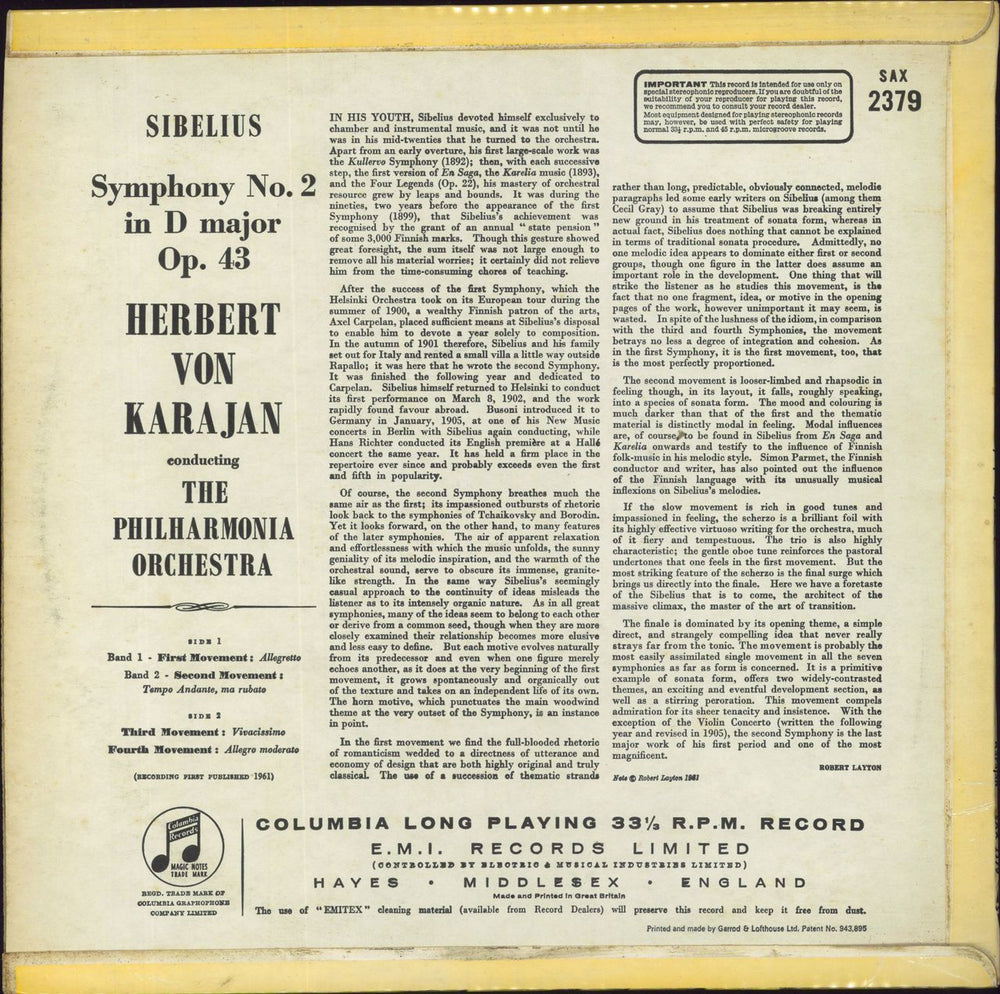 Jean Sibelius Symphony No. 2 in D - 3rd UK vinyl LP album (LP record)