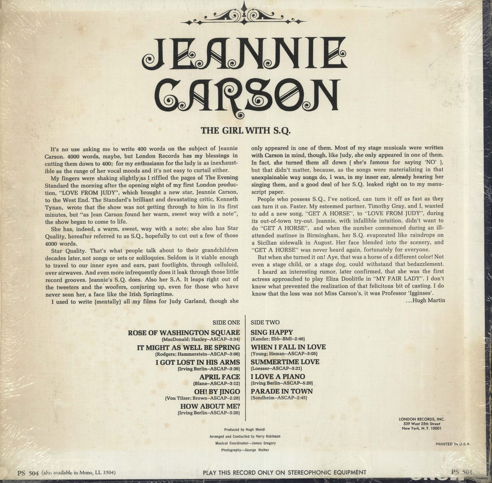 Jeannie Carson The Girl With S.Q. US vinyl LP album (LP record)