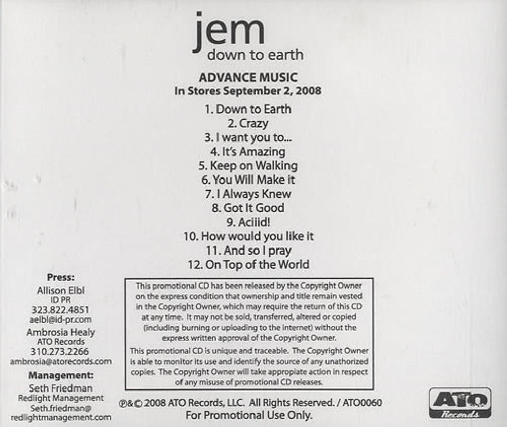 Jem Down To Earth US CD-R acetate CD-R ACETATE