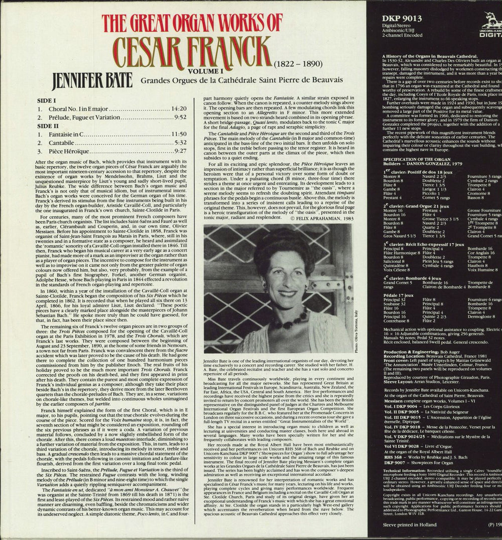Jennifer Bate The Great Organ Works Of César Franck: Volume I Dutch vinyl LP album (LP record)