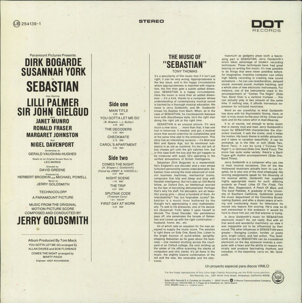 Jerry Goldsmith Sebastian Spanish vinyl LP album (LP record)