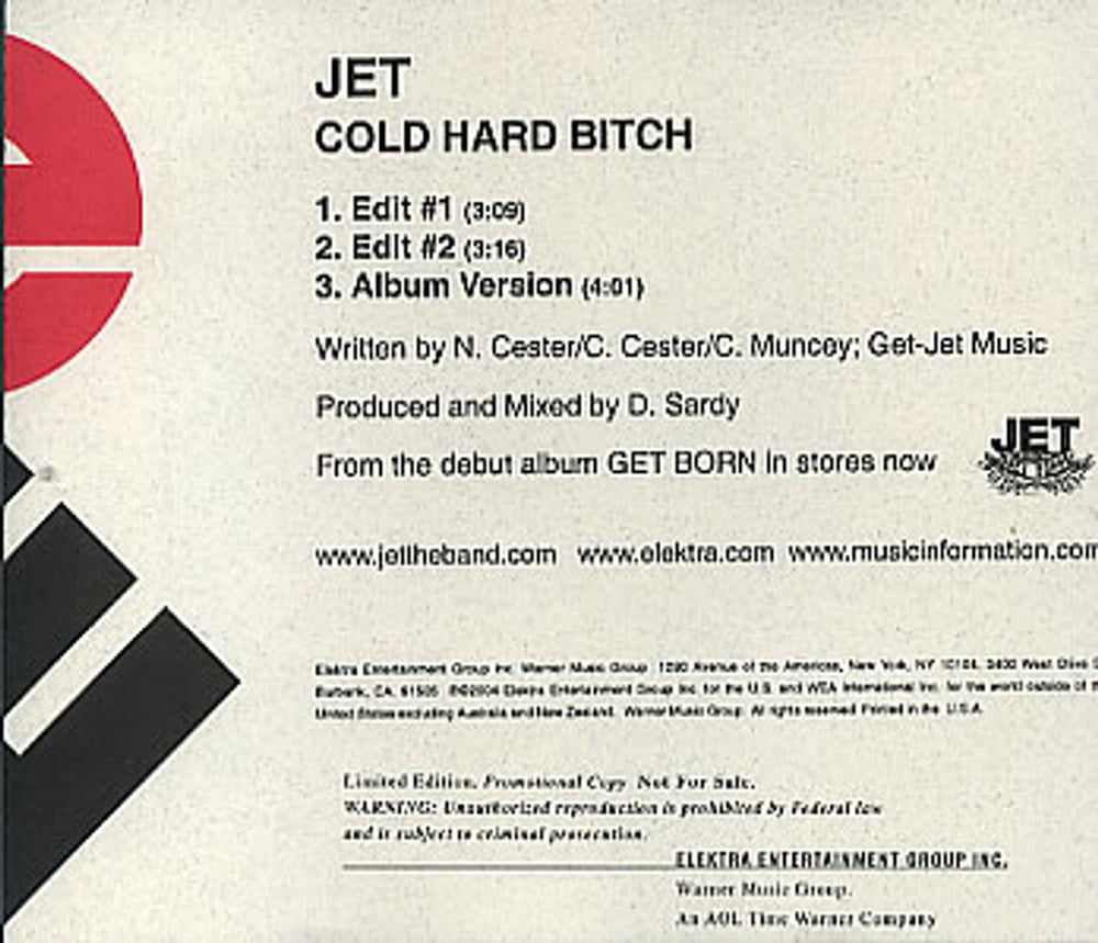 Jet Cold Hard Bitch US Promo CD single (CD5 / 5") PRCD1989