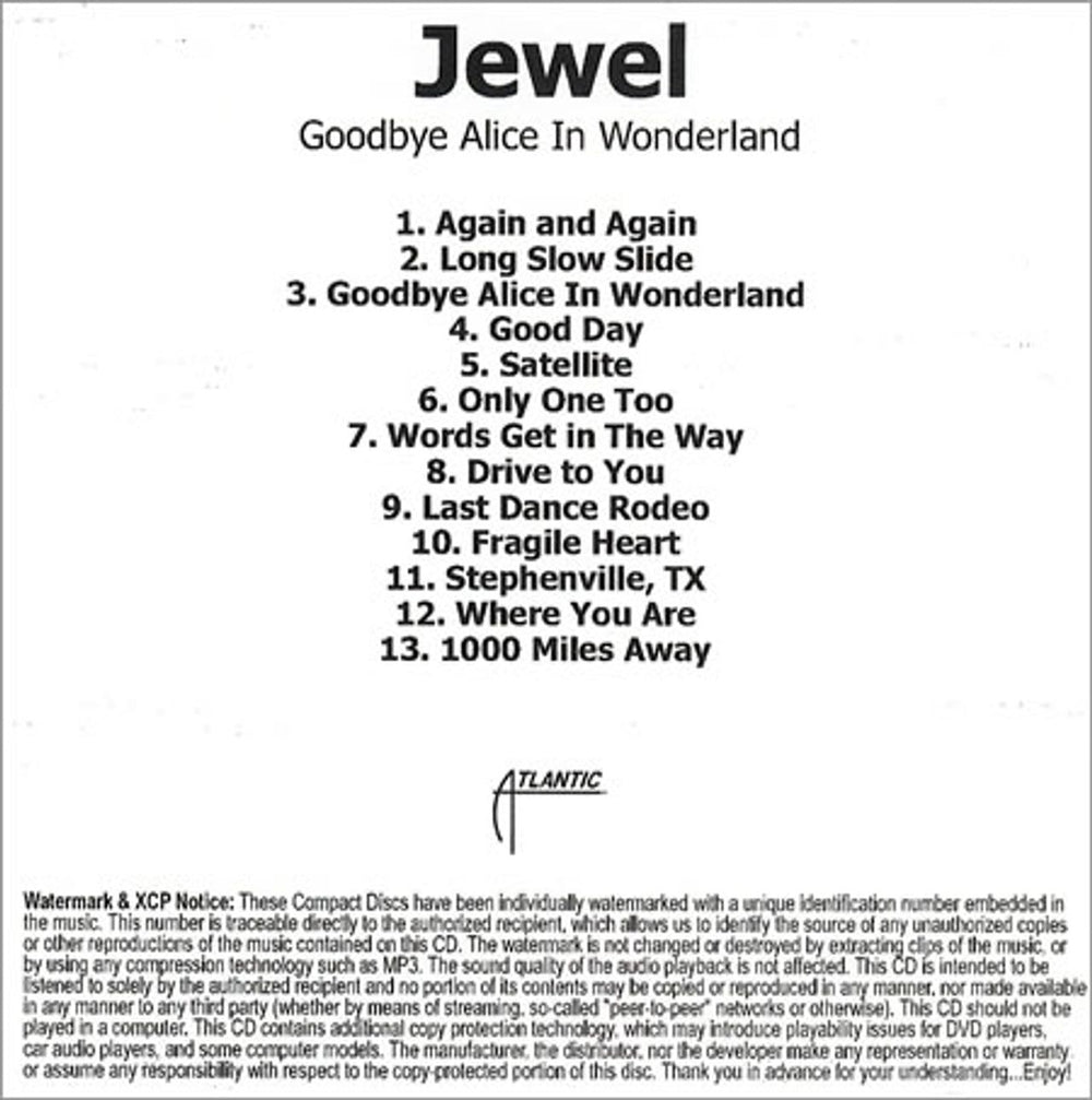 Jewel Goodbye Alice In Wonderland US Promo CD-R acetate CD-R ACETATE