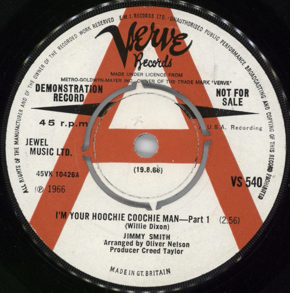 Jimmy Smith (Jazz Organ) I'm Your Hoochie Coochie Man - A Label UK Promo 7" vinyl single (7 inch record / 45) VS540