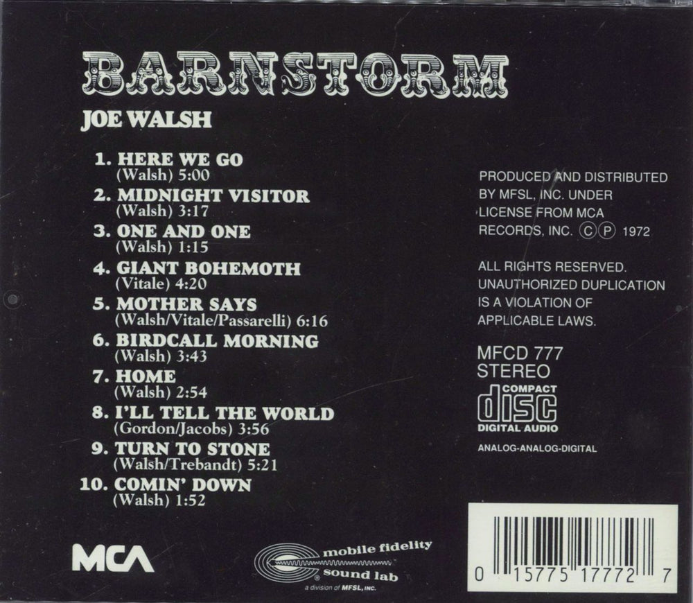 Joe Walsh Barnstorm US CD album (CDLP) 015775177727