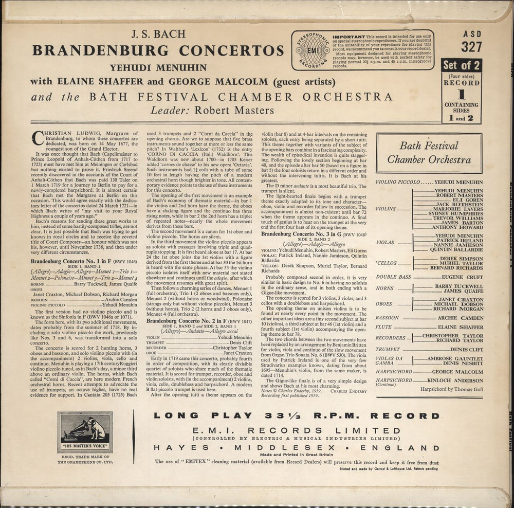 Johann Sebastian Bach Brandenburg Concertos UK 2-LP vinyl record set (Double LP Album)