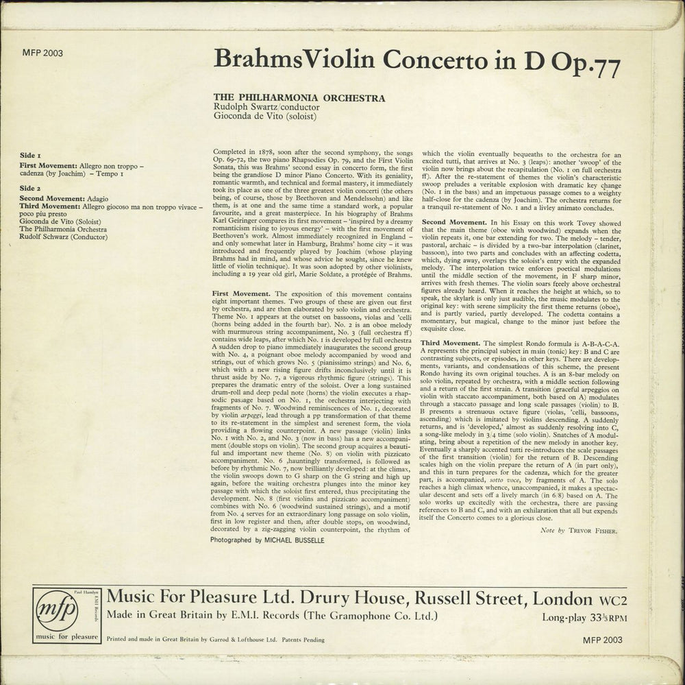 Johannes Brahms Brahms Violin Concerto In D Op. 77 UK vinyl LP album (LP record)