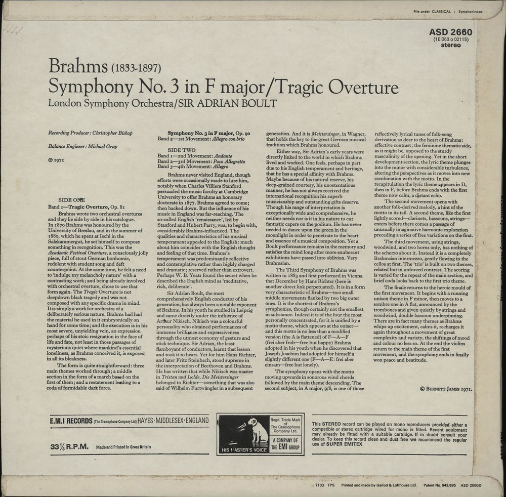 Johannes Brahms Symphony No. 3 in F Major / Tragic Overture - 1st UK vinyl LP album (LP record)