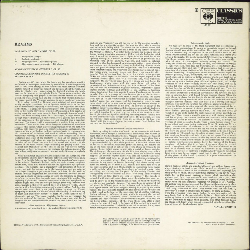 Johannes Brahms Symphony No. 4 In E Minor UK vinyl LP album (LP record)