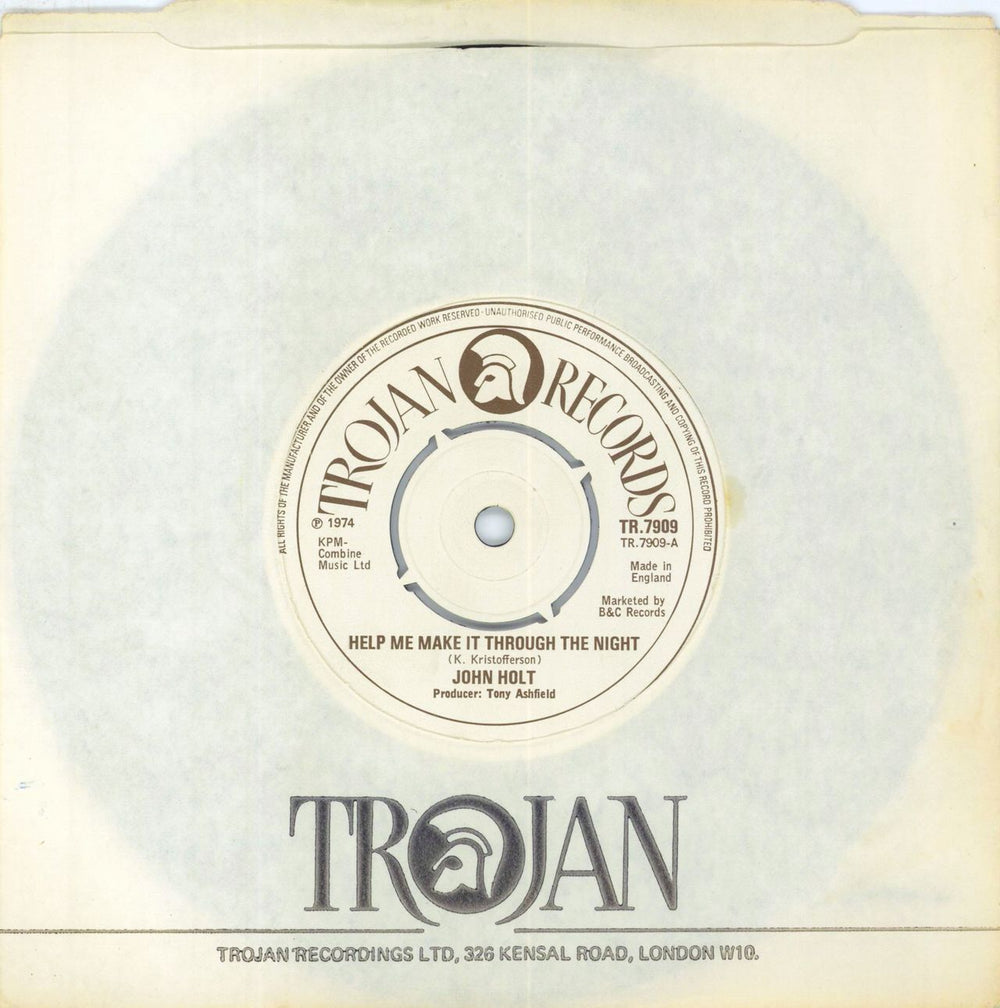 John Holt Help Me Make It Through The Night - 4pr Cream & Brown label UK 7" vinyl single (7 inch record / 45) TR.7909