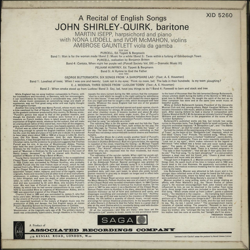 John Shirley-Quirk A Recital Of English Songs UK vinyl LP album (LP record)