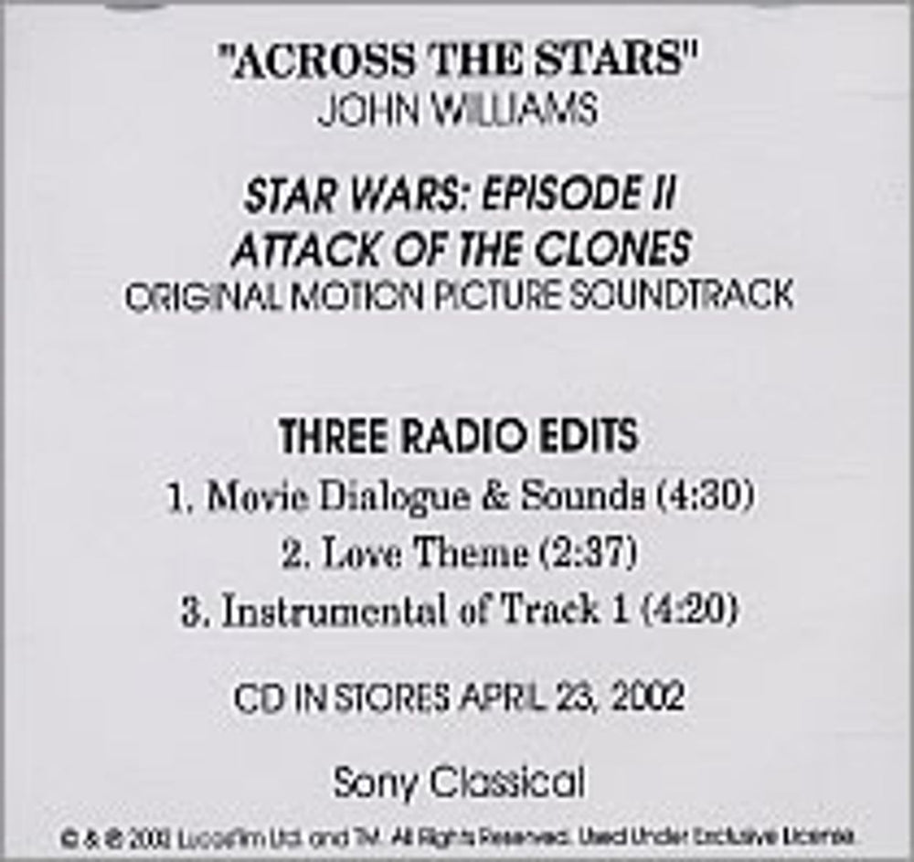 John Williams (Composer) Across The Stars US Promo CD-R acetate CD-R ACETATE