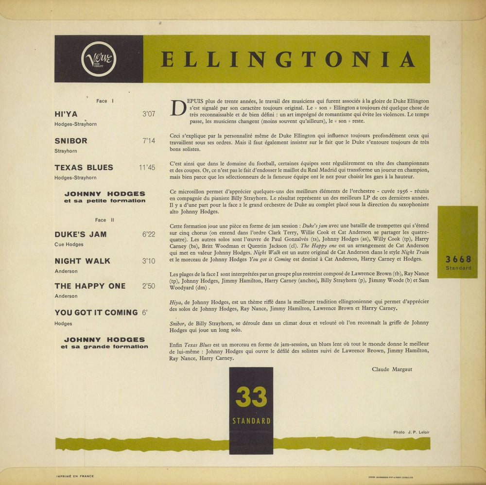 Johnny Hodges Ellingtonia French vinyl LP album (LP record)