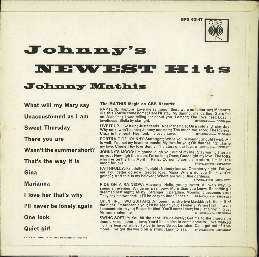 Johnny Mathis Johnny's Newest Hits UK vinyl LP album (LP record)