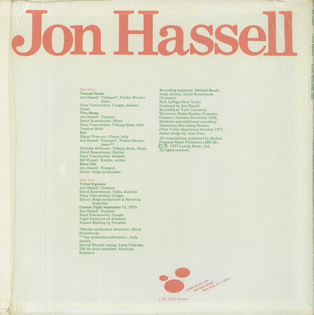 Jon Hassell Vernal Equinox US vinyl LP album (LP record)