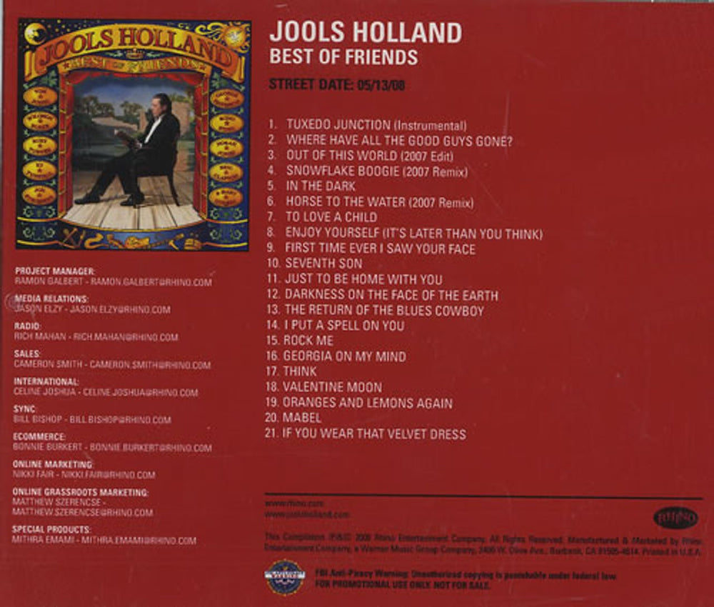 Jools Holland Best Of Friends US Promo CD-R acetate CDR ACETATE
