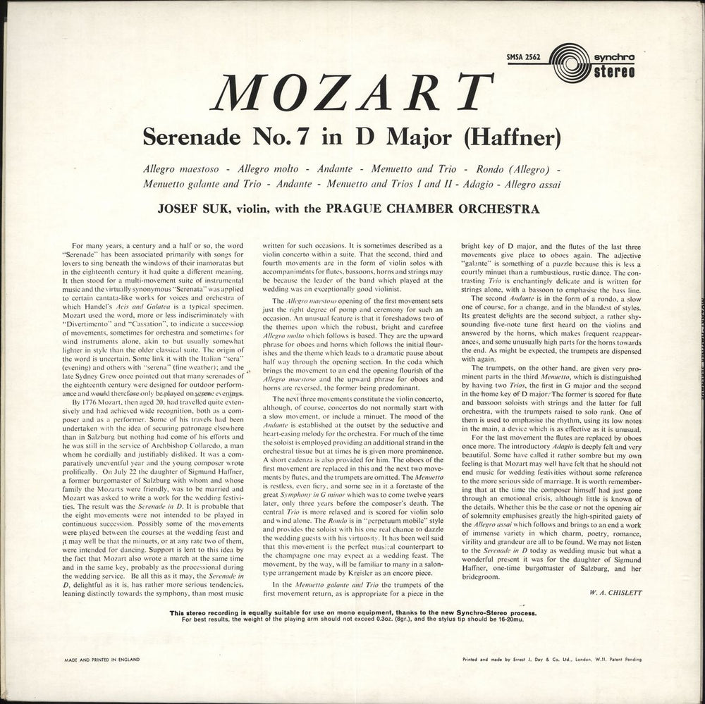 Josef Suk (1929-2011) Mozart: Serenade No. 7 in D Major (Haffner) UK vinyl LP album (LP record)