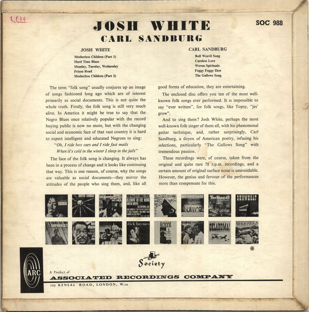 Josh White Josh White And Carl Sandburg UK vinyl LP album (LP record)