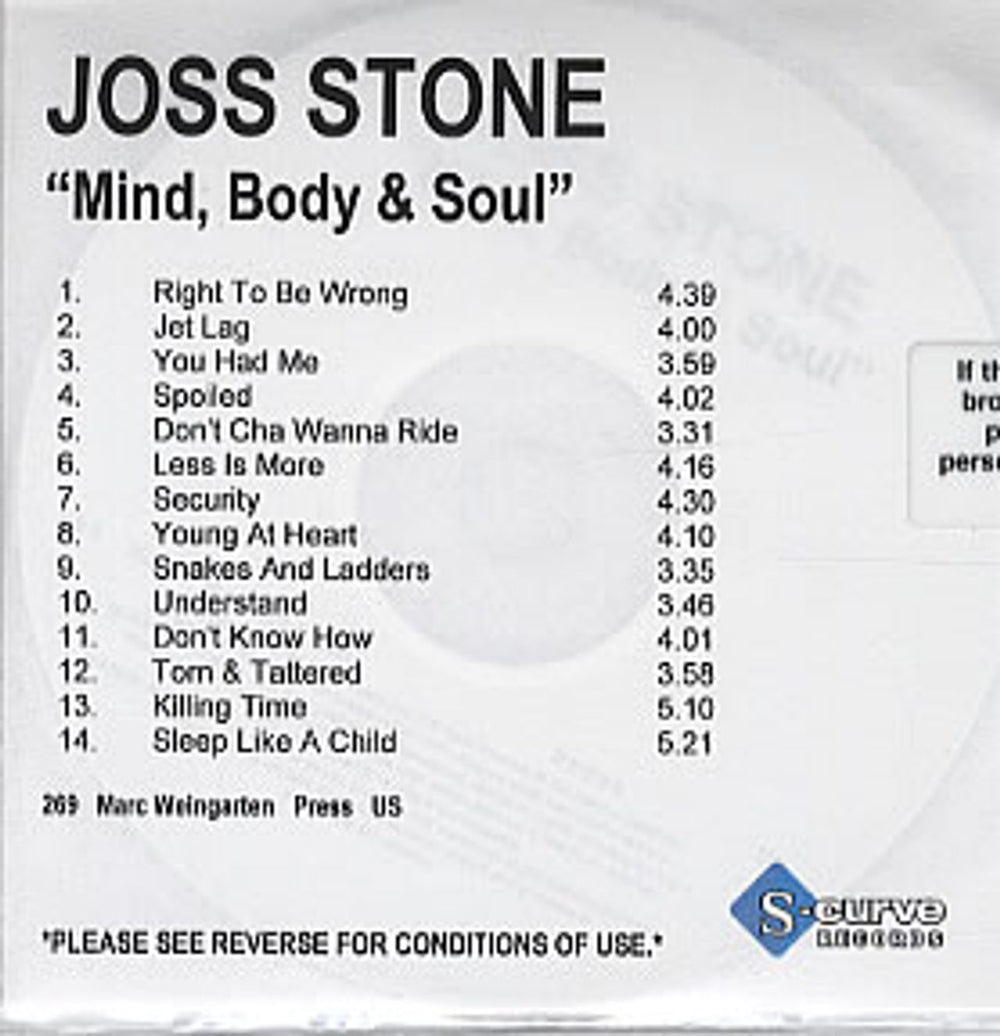 Joss Stone Mind, Body & Soul US Promo CD-R acetate CDR ACETATE