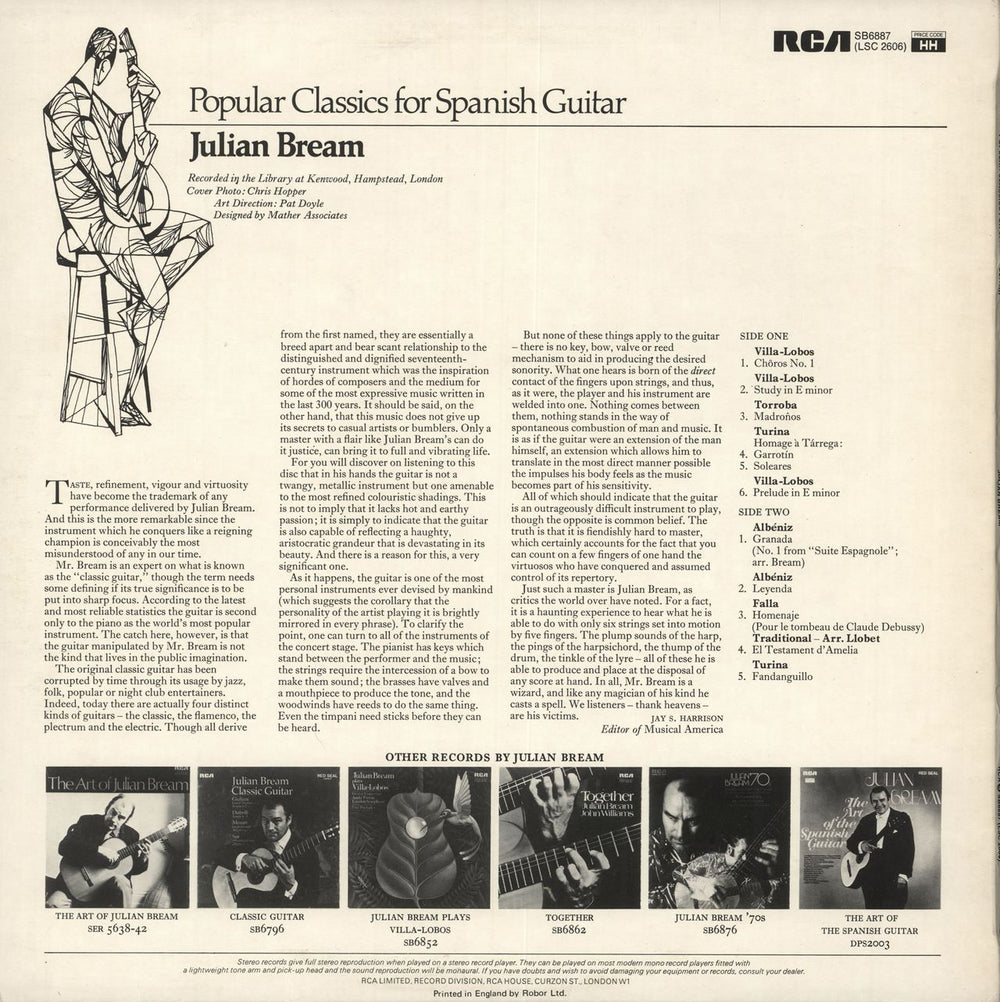 Julian Bream Popular Classics for Spanish Guitar UK vinyl LP album (LP record)